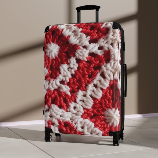 Cálido tejido de crochet rojo y blanco de invierno: diseño de textura elegante y cinematográfico - Maleta