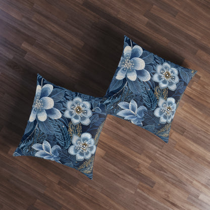 Flower Blossom Embroidery Floral on Denim Style - Tufted Floor Pillow, Square