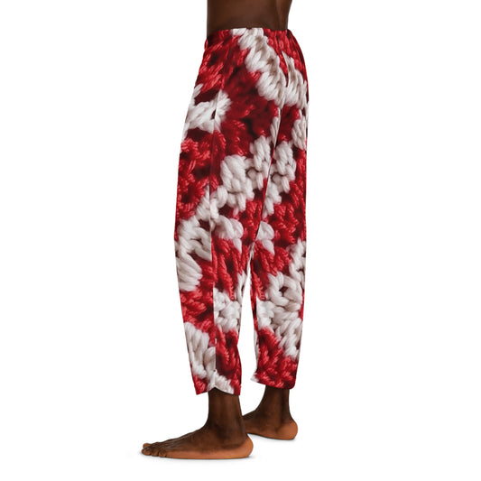 暖かい冬の赤と白のかぎ針編みニット: 映画のようなシックなテクスチャ デザイン - メンズ パジャマ パンツ (AOP) 