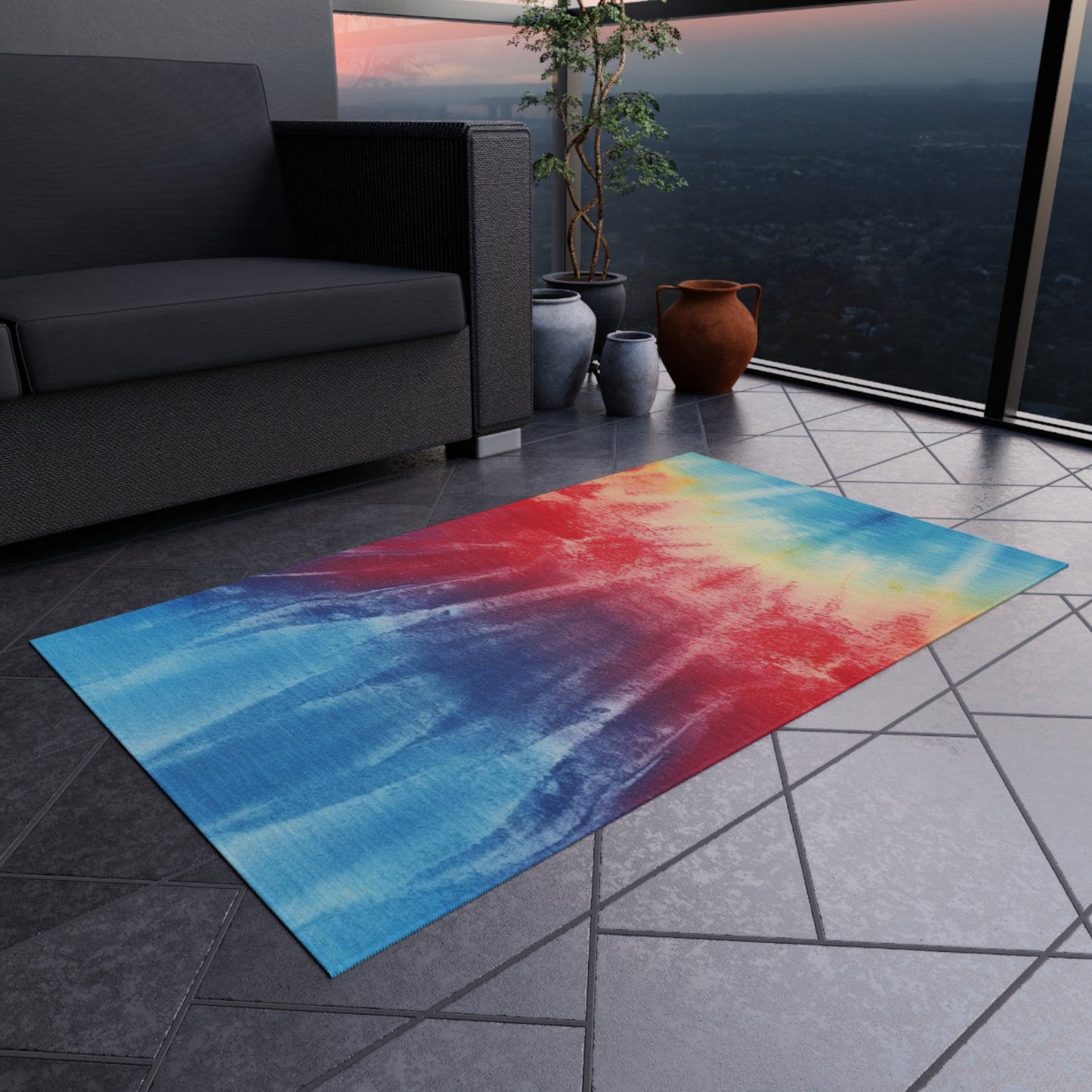 Rainbow Tie-Dye Denim: Vibrant Multi-Color, Fabric Design Spectacle - Outdoor Rug