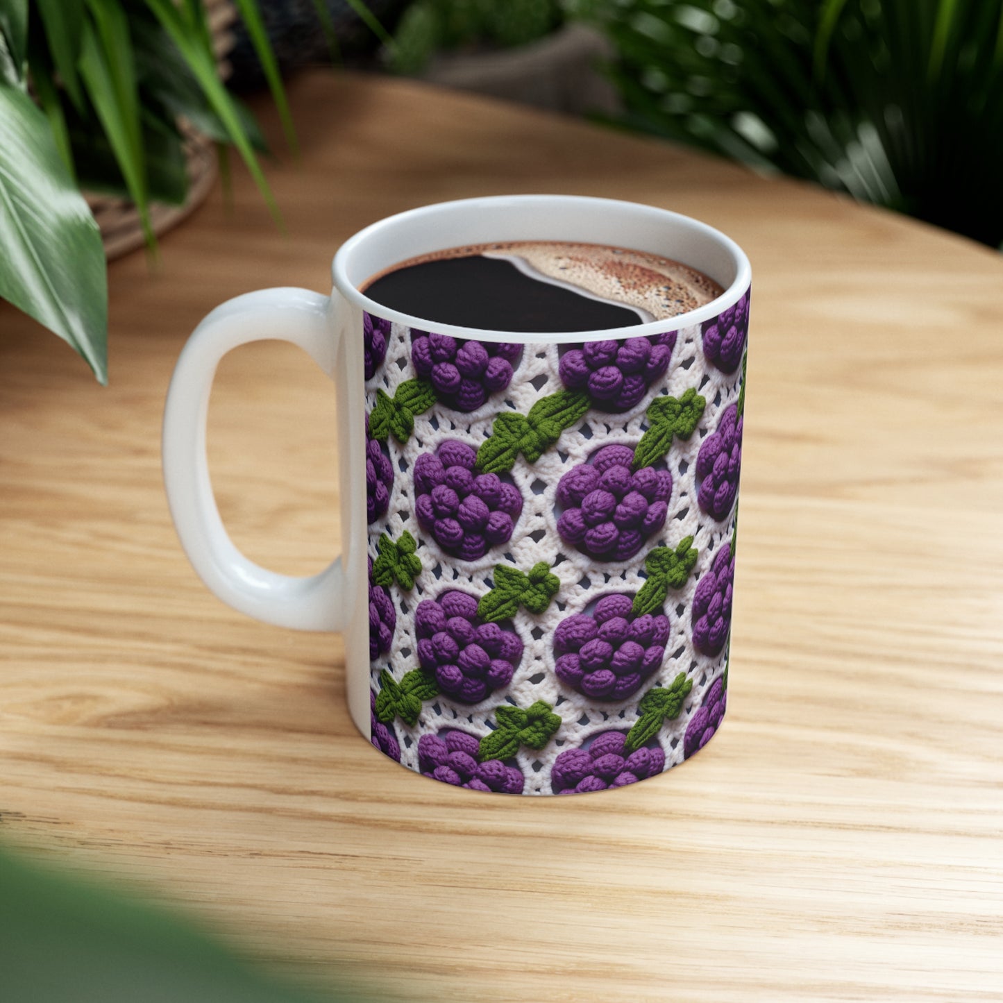 Crochet Grapes Pattern - Granny Square Design - Fresh Fruit Pick - Orchard Purple Snack Food - Ceramic Mug 11oz