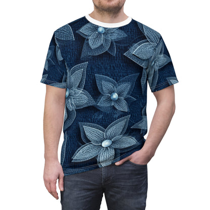 Hawaiian Flower Design - Denim-Inspired Decor Piece - Unisex Cut & Sew Tee (AOP)