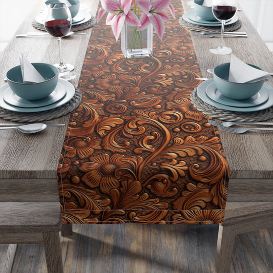 Leather Flower Cognac Classic Brown Timeless American Cowboy Design - Table Runner (Cotton, Poly)