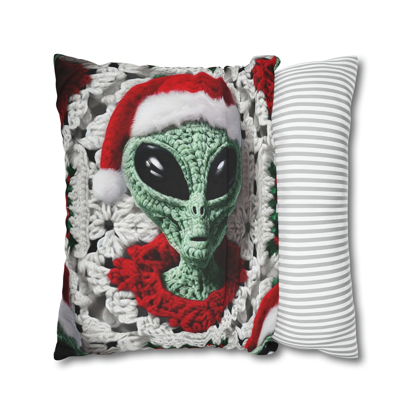 Santa's Cosmic Secret: Jolly Green Christmas Extraterrestrial with Festive Attire Crochet Art - Spun Polyester Square Pillow Case