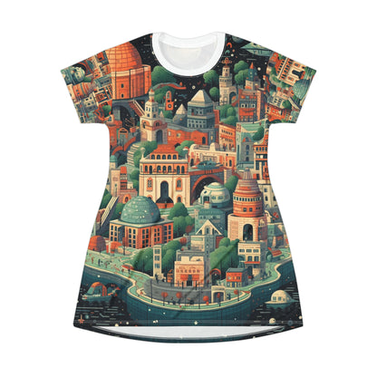 Galactic Metropolis Pattern, Sci-Fi Inspired - T-Shirt Dress (AOP)