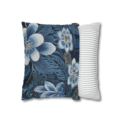 Flower Blossom Embroidery Floral on Denim Style - Spun Polyester Square Pillow Case