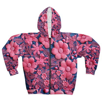 Denim Blue Doll Pink Floral Embroidery Style Fabric Flowers - Unisex Zip Hoodie (AOP)