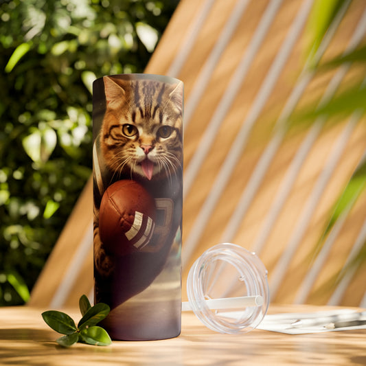 Football Field Kitten Cats in Sport Tackling Scoring Game Position - Skinny Tumbler with Straw, 20oz