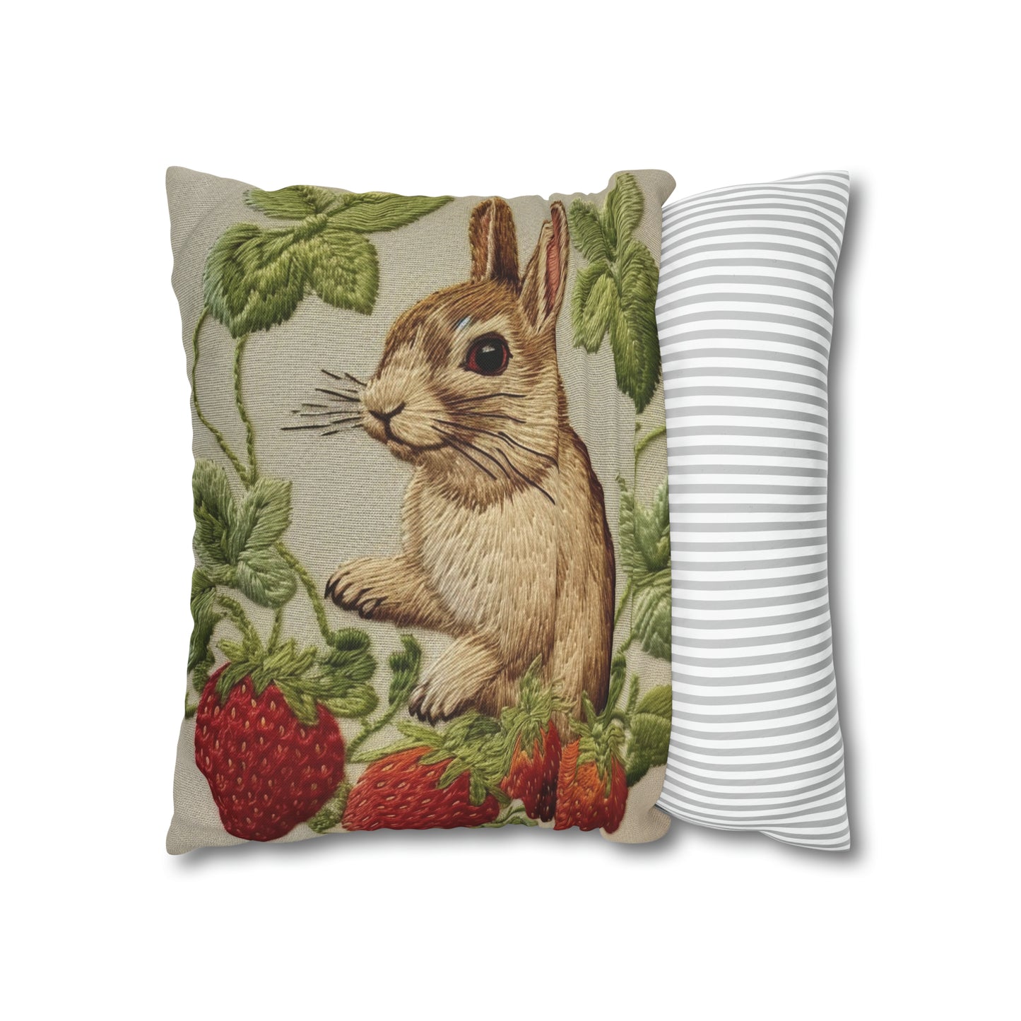 Strawberry Bunny Rabit - Embroidery Style - Strawberries Fruit Munchies - Easter Gift - Spun Polyester Square Pillow Case