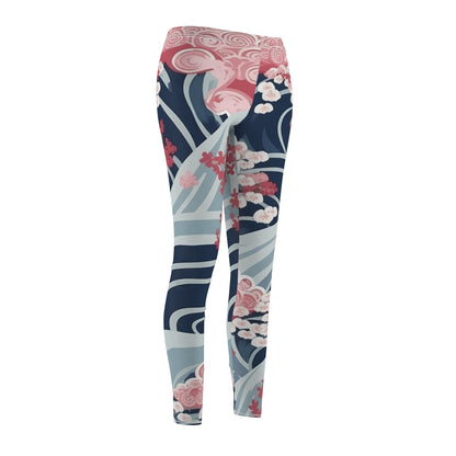 Leggings casuales de corte y costura con patrón de flores de cerezo y ondas minimalistas japonesas para mujer (AOP) 