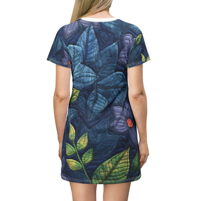 Floral Embroidery Blue: Denim-Inspired, Artisan-Crafted Flower Design - T-Shirt Dress (AOP)