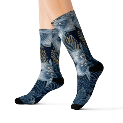 Flower Blossom Embroidery Floral on Denim Style - Sublimation Socks