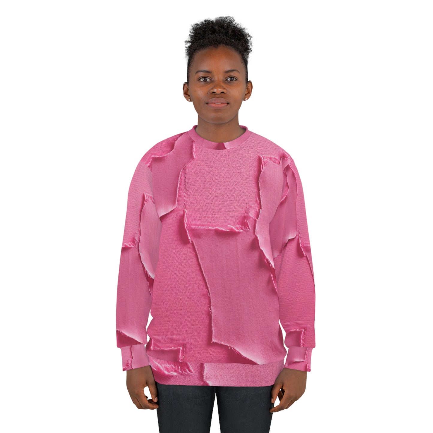 Distressed Neon Pink: Edgy, Ripped Denim-Inspired Doll Fabric - Unisex Sweatshirt (AOP)