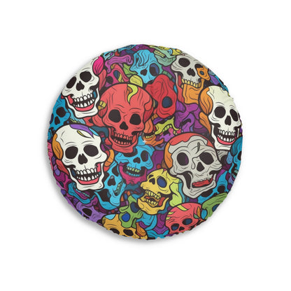 Patrón psicodélico de cabeza de calavera arcoíris, colores vibrantes - Cojín de suelo capitoné, redondo 