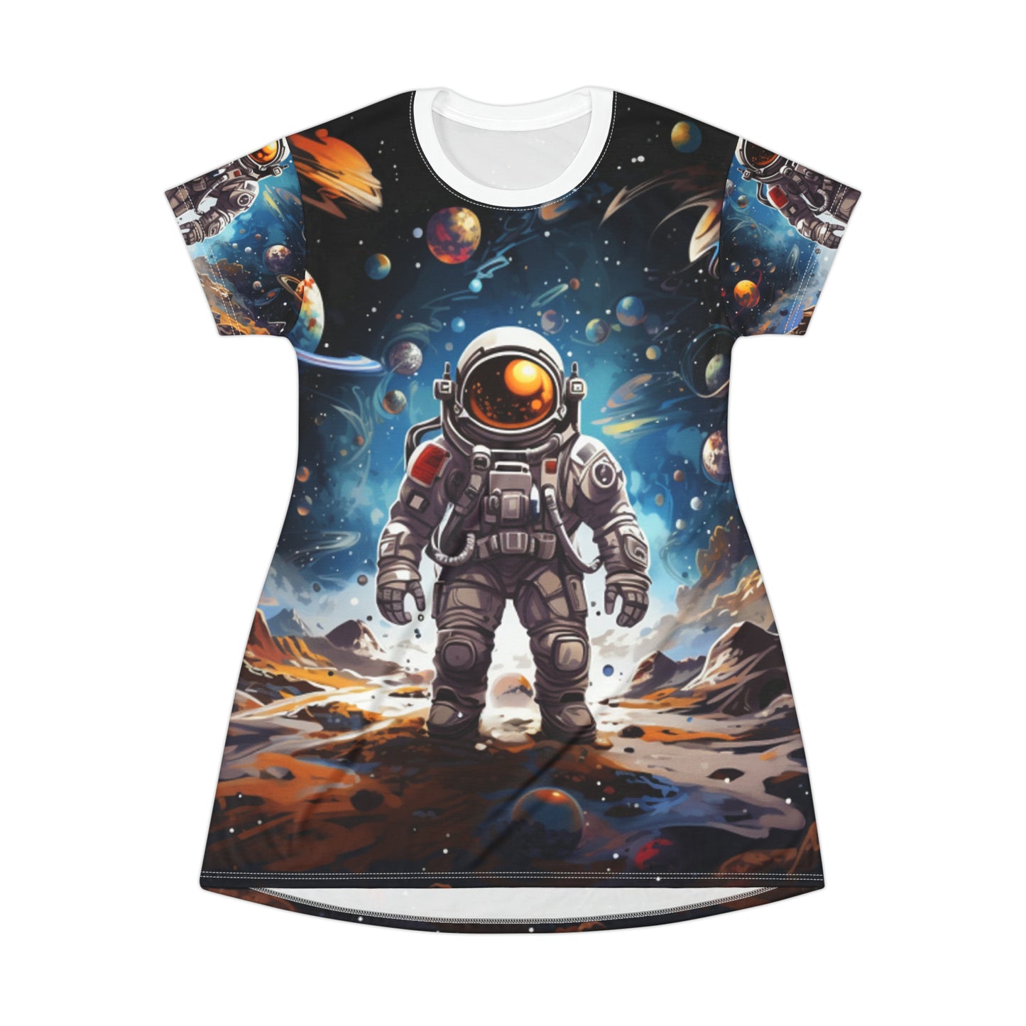 Viaje Galáctico: Viaje de Astronauta en Exploración Cósmica de Estrellas Celestiales - Vestido tipo camiseta (AOP) 