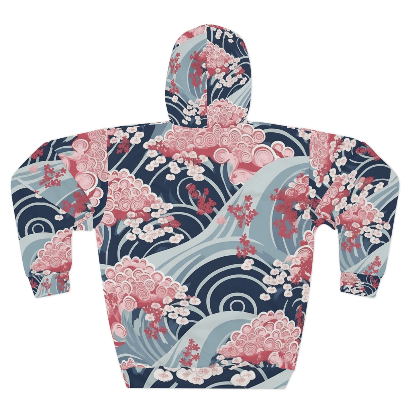 Sudadera con capucha unisex con diseño de ondas minimalistas japonesas y flores de cerezo (AOP) 