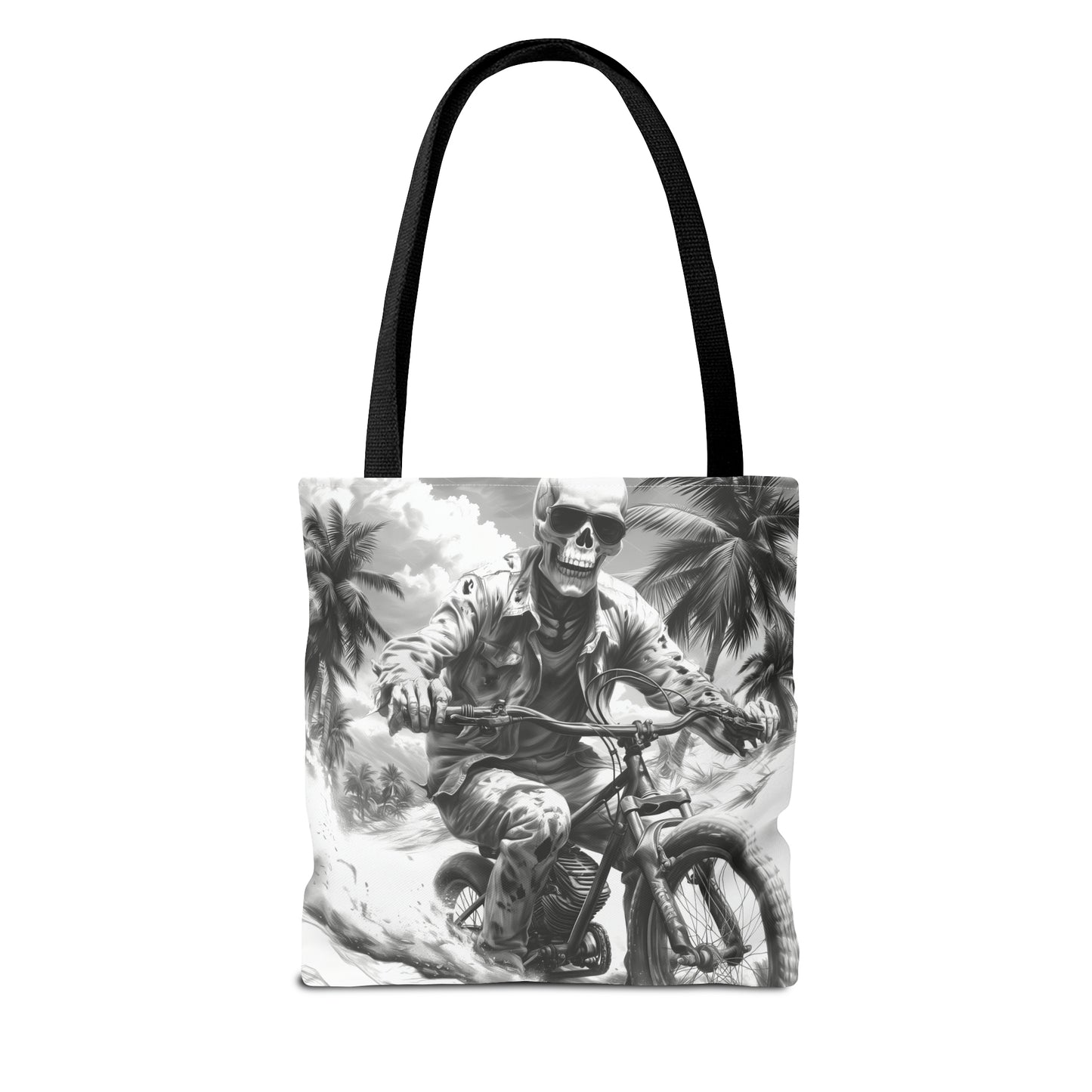 Biker Skeleton Wearing Sunglasses, Riding Sunset Boulevard in California Motorcycle, Tote Bag (AOP)