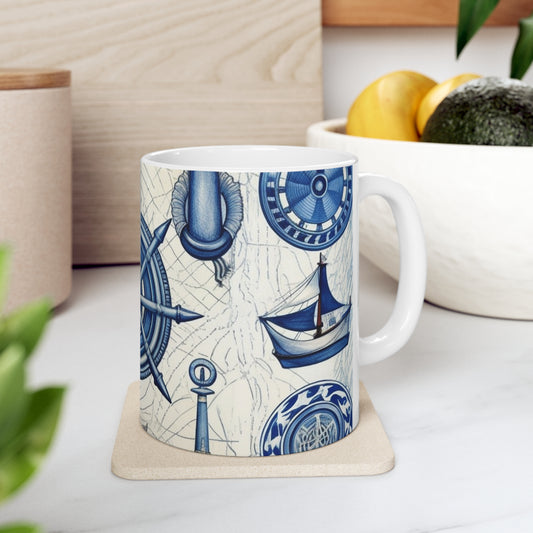 Nautical Theme Art - Anchors, Ropes, Compass - Ceramic Mug 11oz