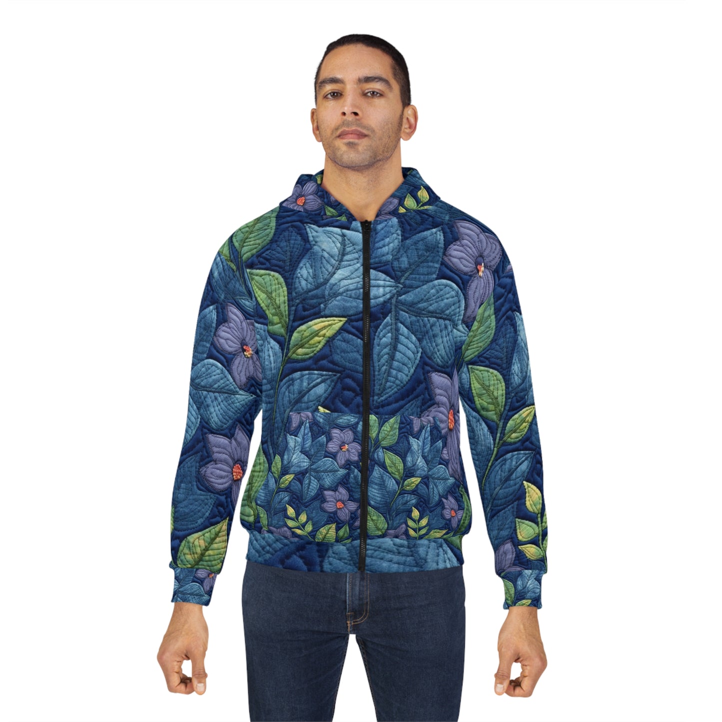 Floral Embroidery Blue: Denim-Inspired, Artisan-Crafted Flower Design - Unisex Zip Hoodie (AOP)