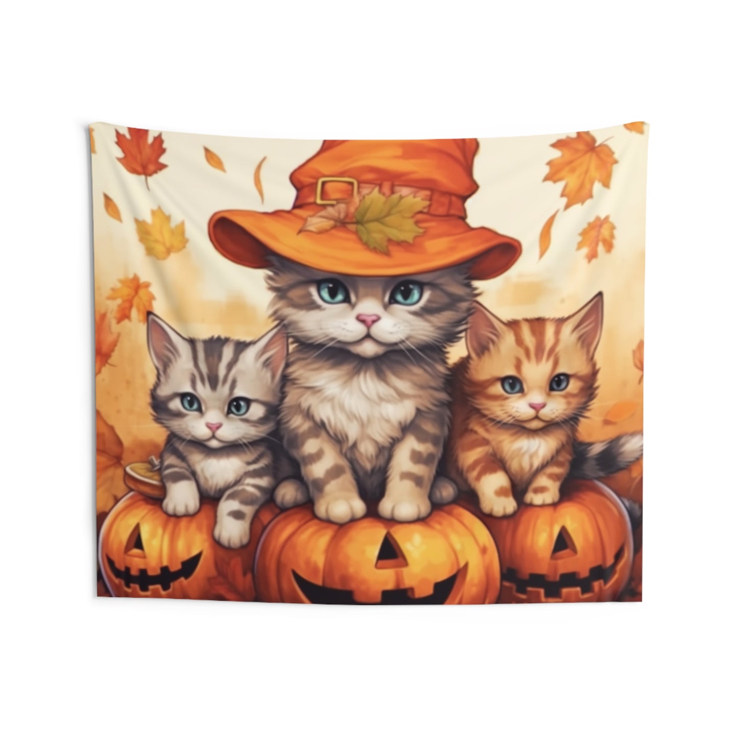 Kitty Cat Kittens Halloween - Cute Furries on Pumpkin - Festive Feline Decor - Indoor Wall Tapestries