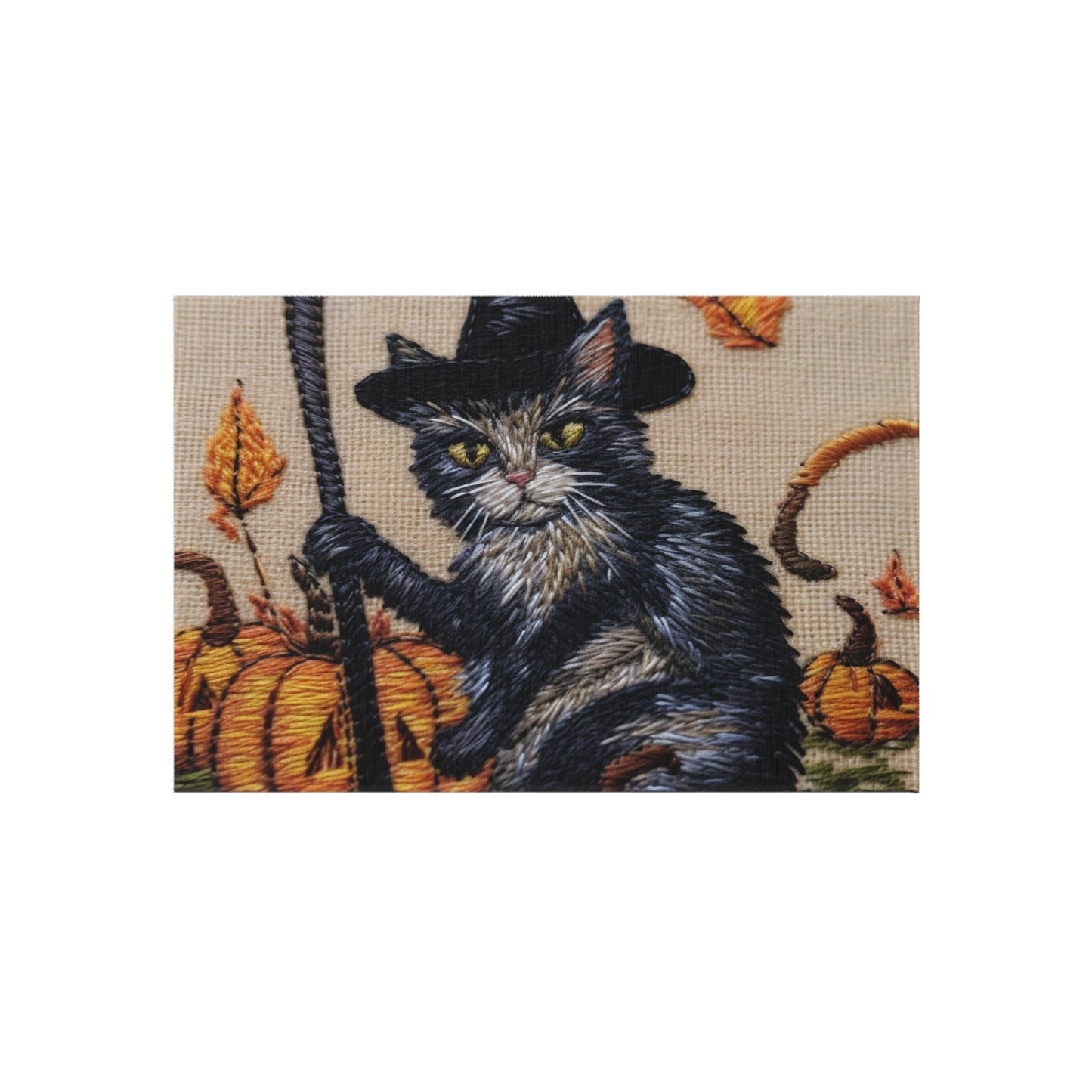 Halloween Cat Magic: Embroidered Style Feline with Pumpkins & Witch Hat - Outdoor Rug