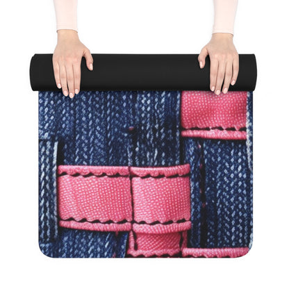 Candy-Striped Crossover: Pink Denim Style Ribbons Blue - Rubber Yoga Mat