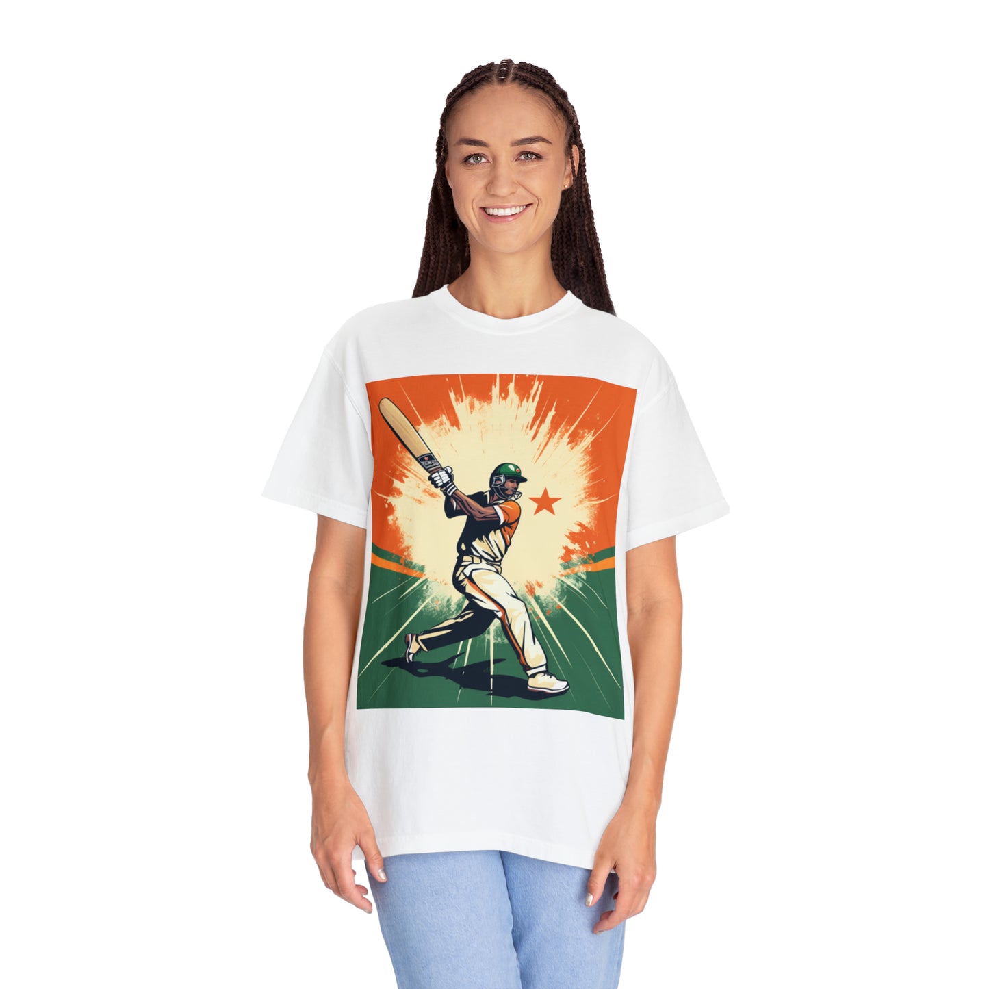 India Cricket Star: Batsman With Willow Bat, National Flag Style - Sport Game - Unisex Garment-Dyed T-shirt