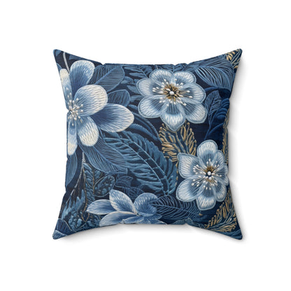 Flower Blossom Embroidery Floral on Denim Style - Spun Polyester Square Pillow