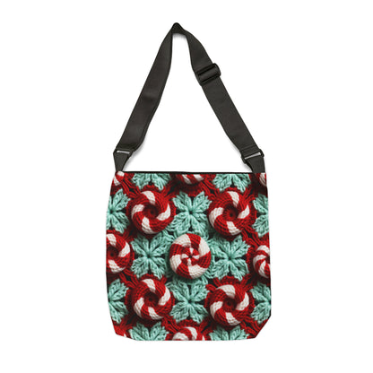 Christmas Crochet Candy Cane - Pepper Red Crystal White Holiday Pattern - Adjustable Tote Bag (AOP)