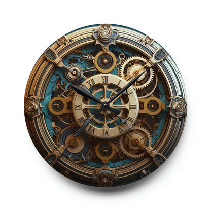 Steampunk Gear, Gold trim Blue Teal Design, Acrylic Wall Clock