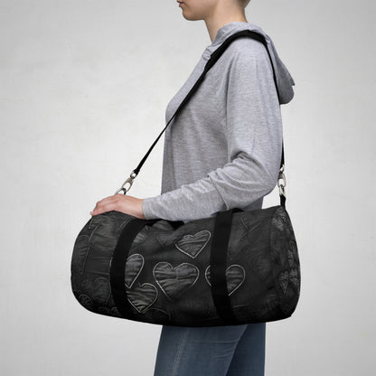 Black: Distressed Denim-Inspired Fabric Heart Embroidery Design - Duffel Bag