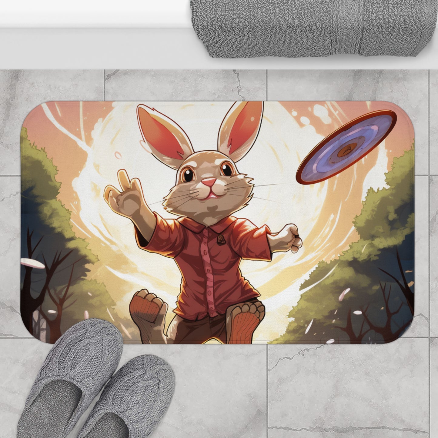 Disc Golf Rabbit: Bunny Aiming Frisbee for Basket Chain - Bath Mat