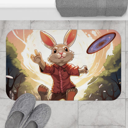 Disc Golf Rabbit: Bunny Aiming Frisbee for Basket Chain - Bath Mat