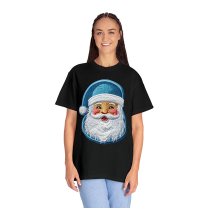 Christmas Santa Chenille - Embroidered Festive - Holiday Patch Design - Unisex Garment-Dyed T-shirt