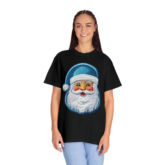 Christmas Santa Chenille - Embroidered Festive - Holiday Patch Design - Unisex Garment-Dyed T-shirt