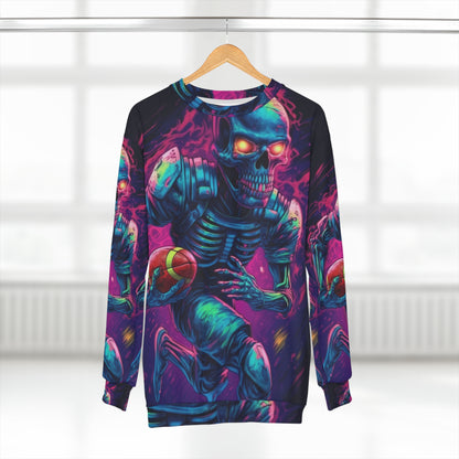 Spooky Football Game: Fantasy Skeleton Athlete Running with Ball, Sporty Halloween - Unisex Sweatshirt (AOP)