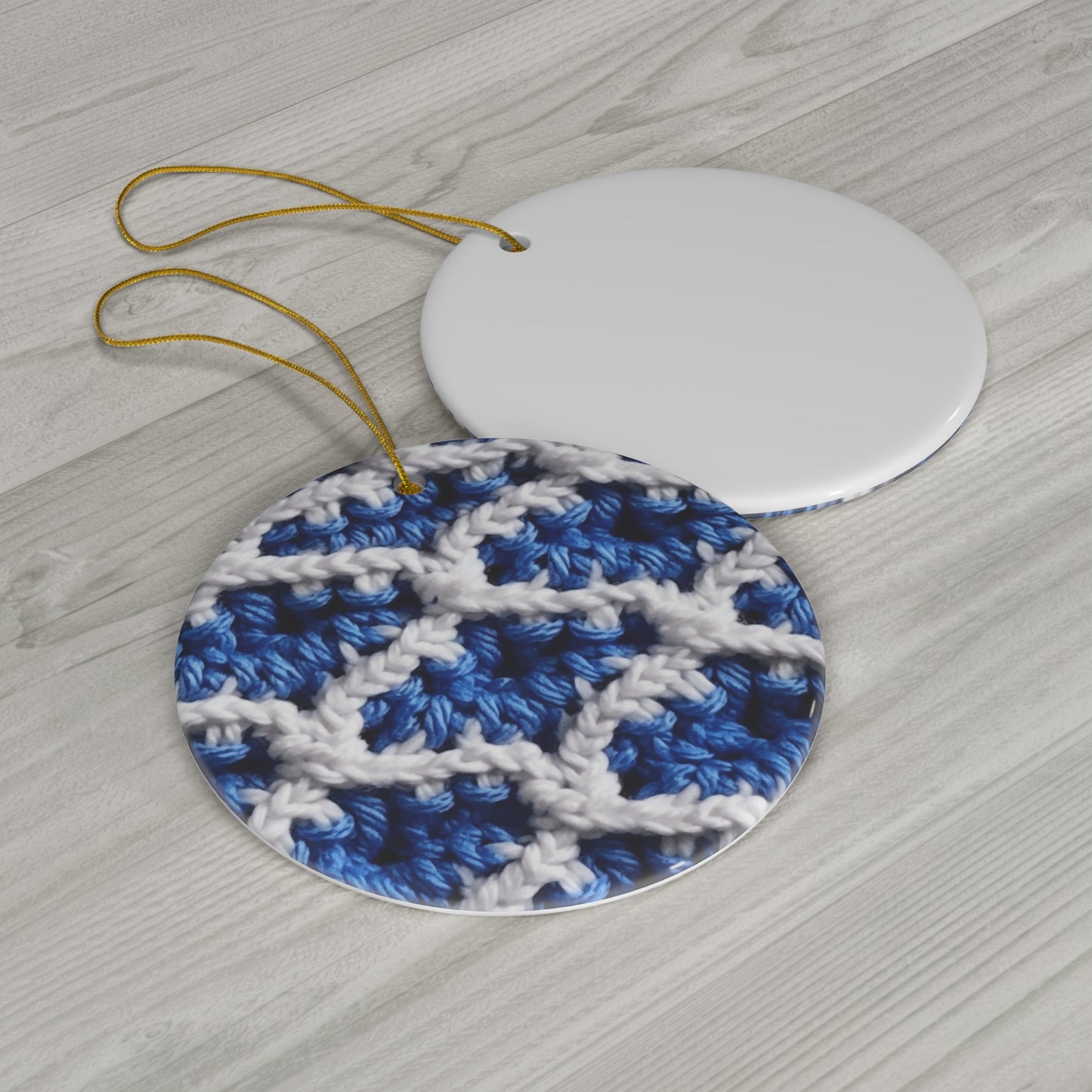 Blueberry Blue Crochet, White Accents, Classic Textured Pattern - Ceramic Ornament, 4 Shapes