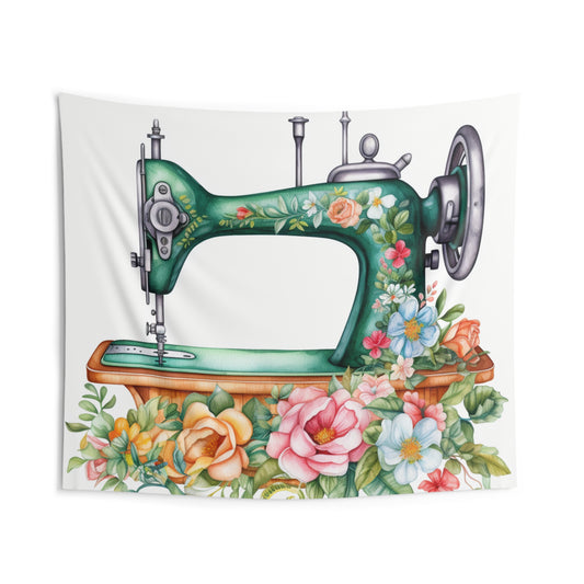 Botanical Garden Green Sewing Machine Illustration, Shabby Chic Tailor Decor, Watercolor - Indoor Wall Tapestries