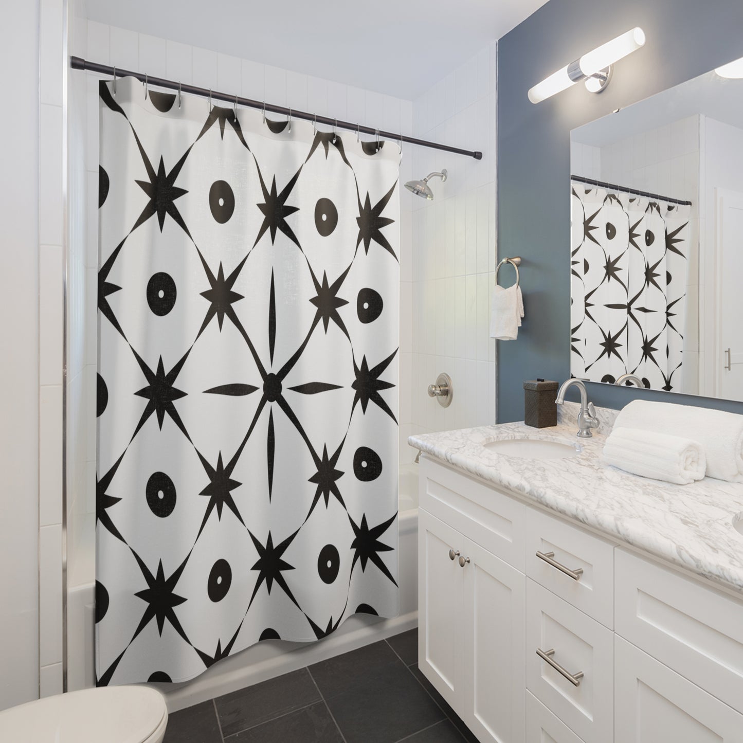 Mid Century Modern Asterisk Design - White & Black Atomic Starburst - Shower Curtains