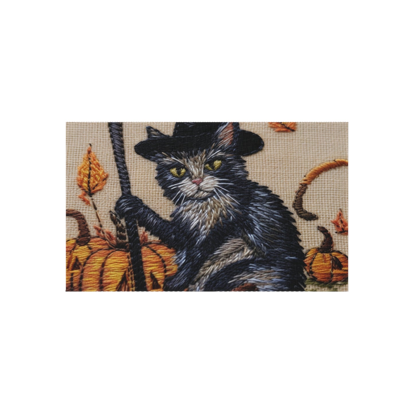 Halloween Cat Magic: Embroidered Style Feline with Pumpkins & Witch Hat - Outdoor Rug