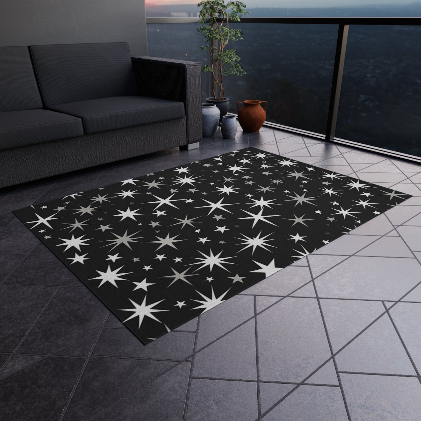 Mid Century Modern Atomic Starburst - Streamlined Minimal Stars - Outdoor Rug