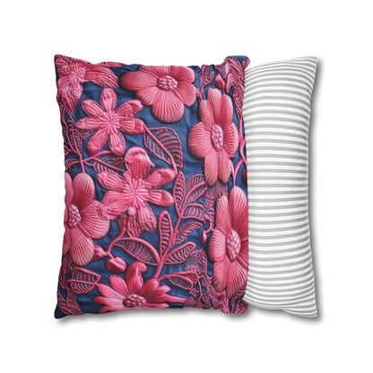 Denim Blue Doll Pink Floral Embroidery Style Fabric Flowers - Spun Polyester Square Pillow Case