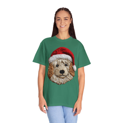 Chenille Dog Embroidered Patch - Christmas Puppy with Santa Hat - Unisex Garment-Dyed T-shirt