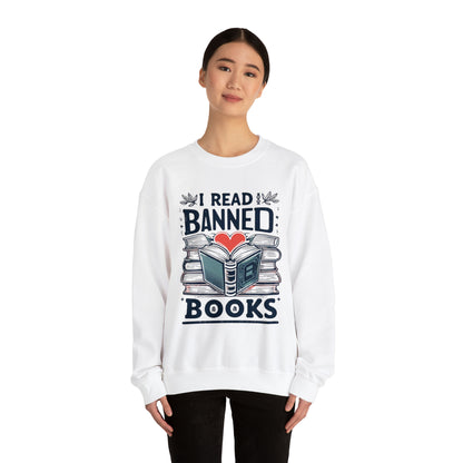 I Read Banned Books - Heartfelt Love for Literature Illustration - Unisex Heavy Blend™ Crewneck Sweatshirt