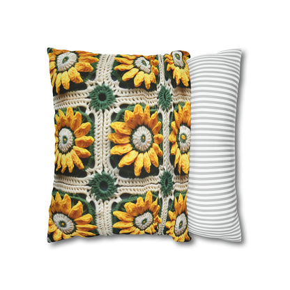 Sunflower Crochet Elegance, Granny Square Design, Radiant Floral Motif. Bring the Warmth of Sunflowers to Your Space - Spun Polyester Square Pillow Case