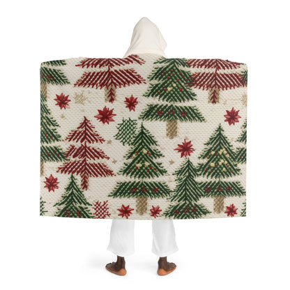 Embroidered Christmas Winter, Festive Holiday Stitching, Classic Seasonal Design - Hooded Sherpa Fleece Blanket