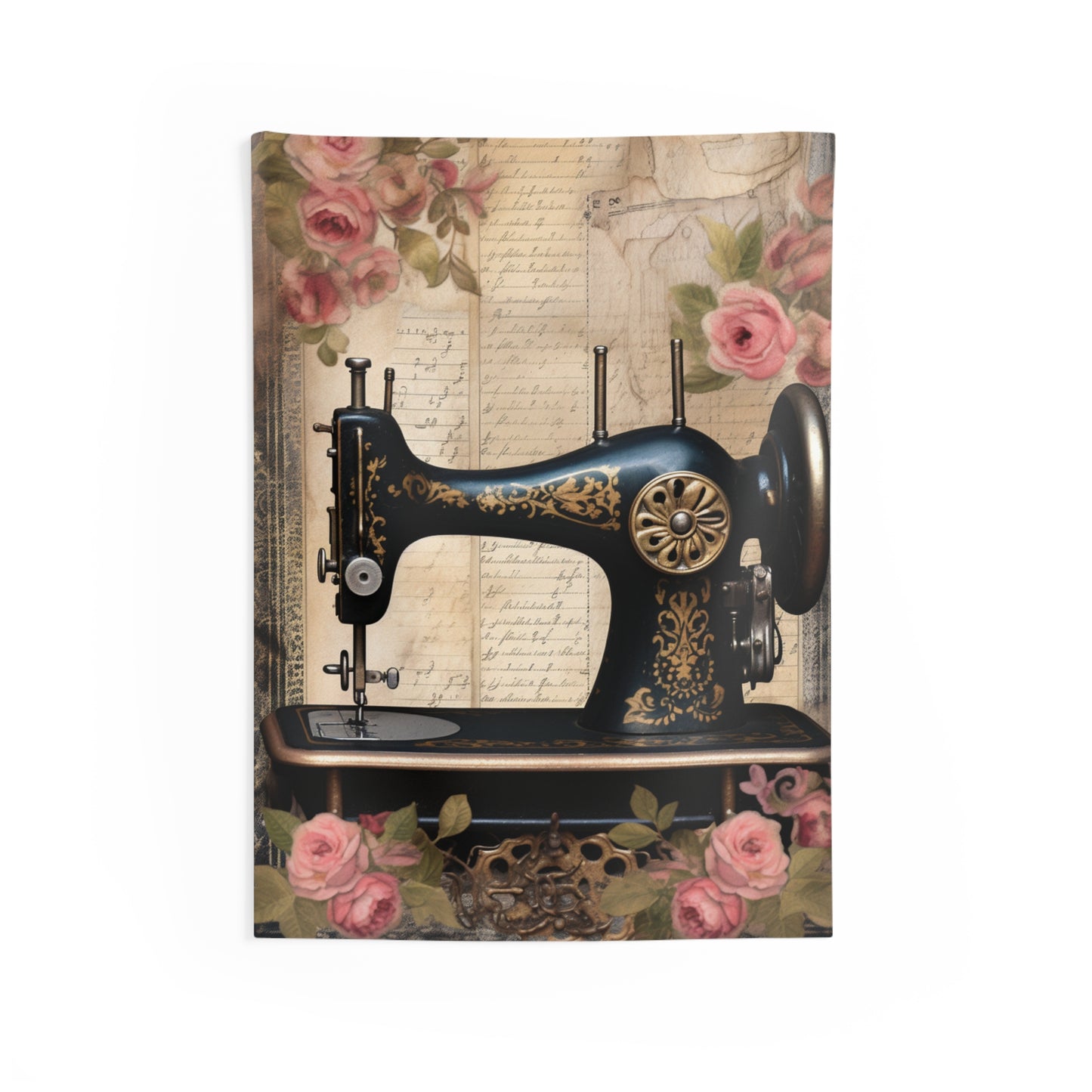 Gothic Black Sewing Machine with Golden Accents and Roses, Classic Tailoring - Indoor Wall Tapestries