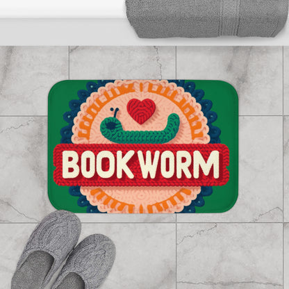 Crochet Bookworm Illustration: Cozy Reader Embroidered Patch Design - Ideal for Bibliophile - Bath Mat