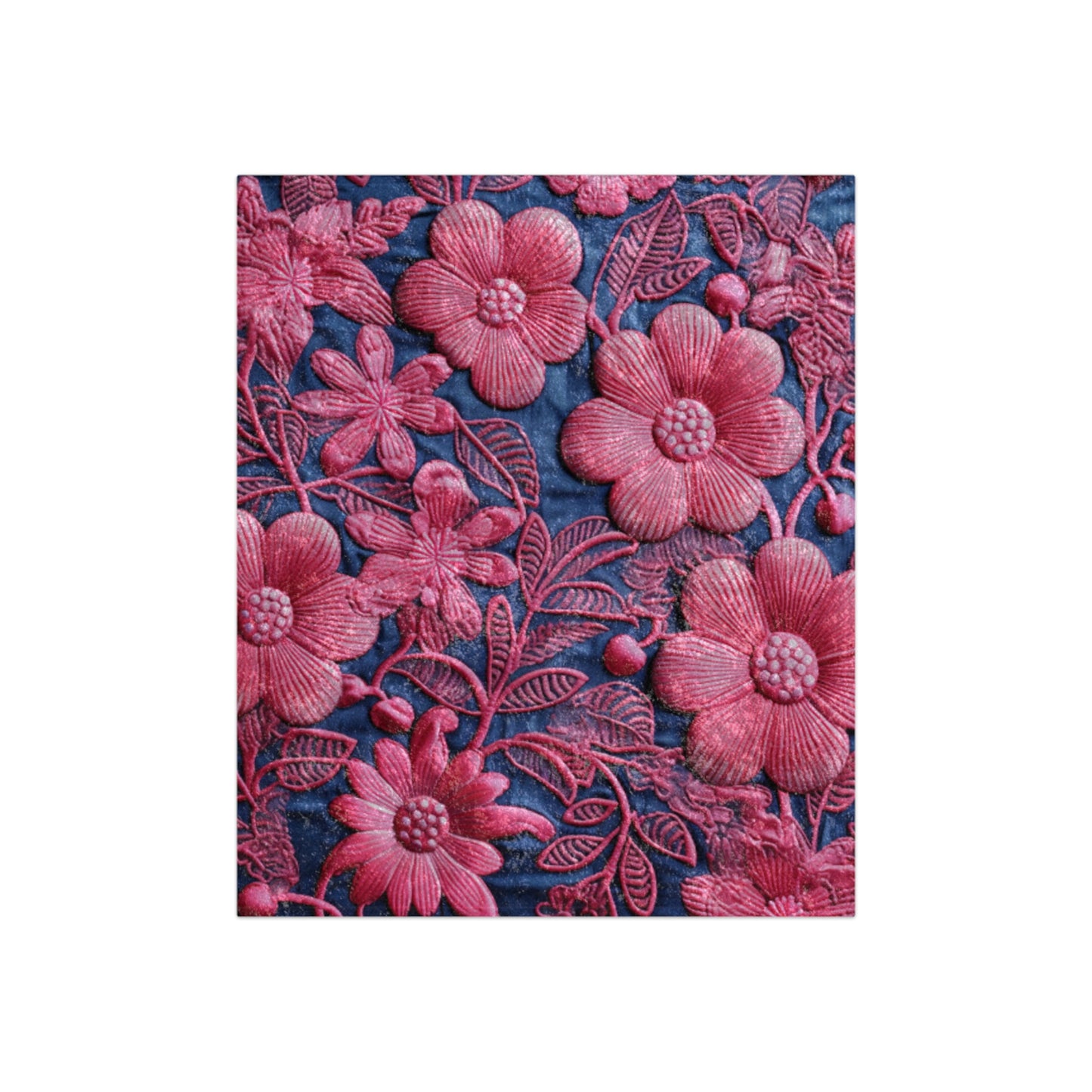 Denim Blue Doll Pink Floral Embroidery Style Fabric Flowers - Crushed Velvet Blanket