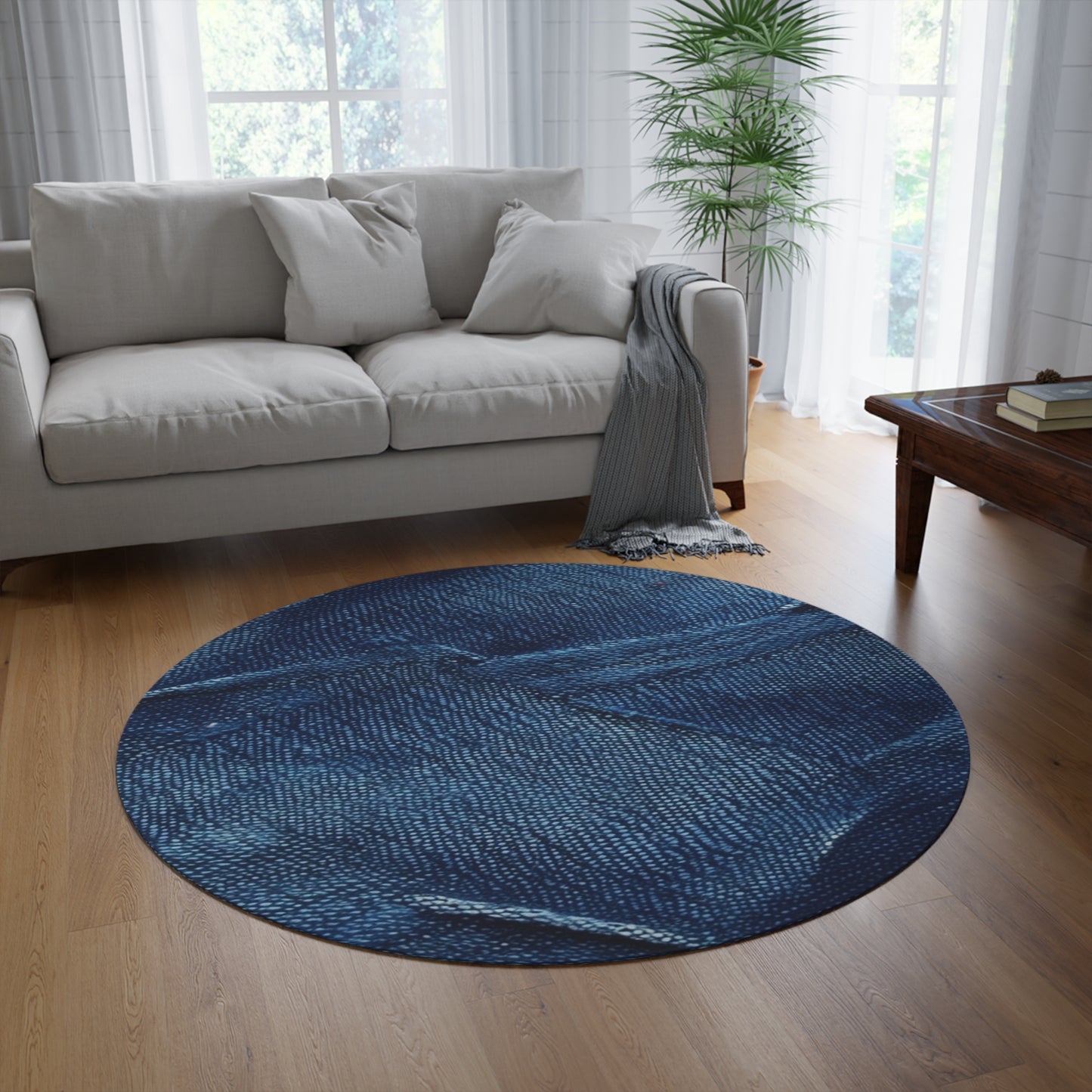 Dark Blue: Distressed Denim-Inspired Fabric Design - Round Rug